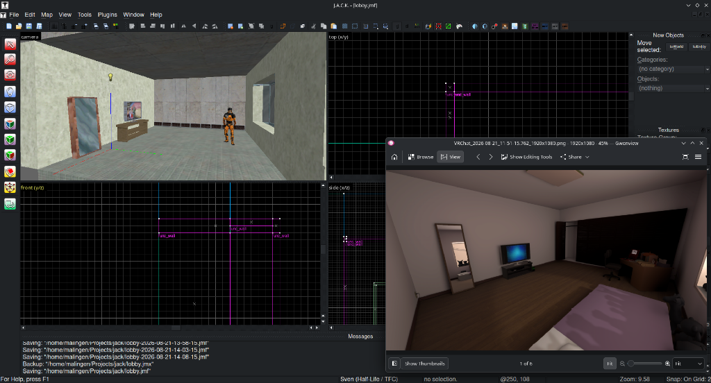 a picture of a map editor showing an in-progress remake of lain's room from serial experiments lain. there is a reference photo in the bottom right taken in vrchat.